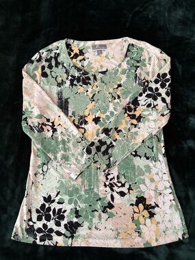 JM Collection Petite Floral Print Scoop Neck Tunic - Green, Black, Cream, Yellow